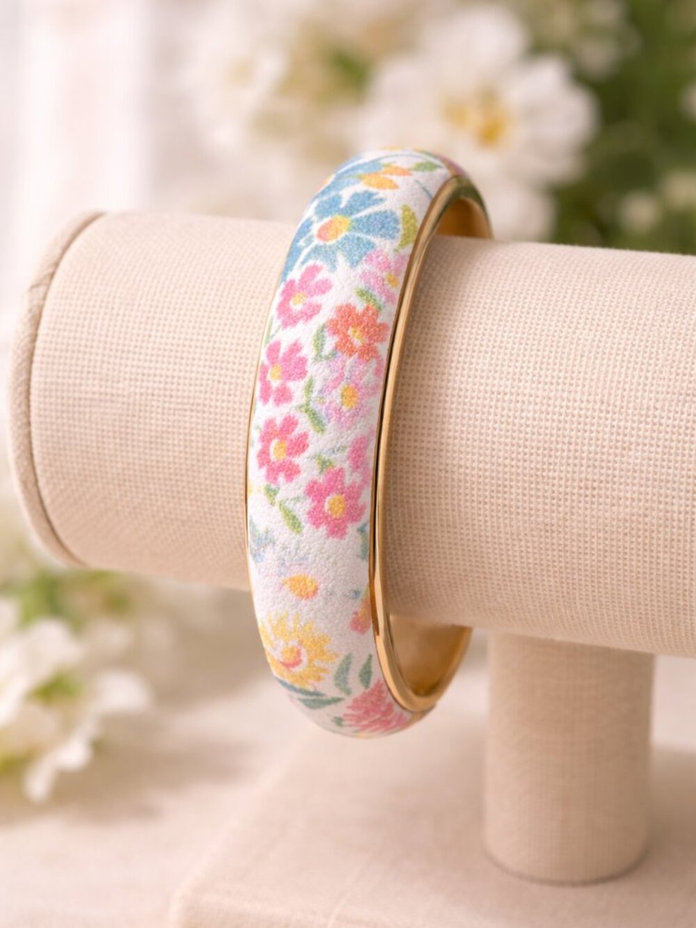 Floral Gold-Accented Bangle Bracelet Signed Italy